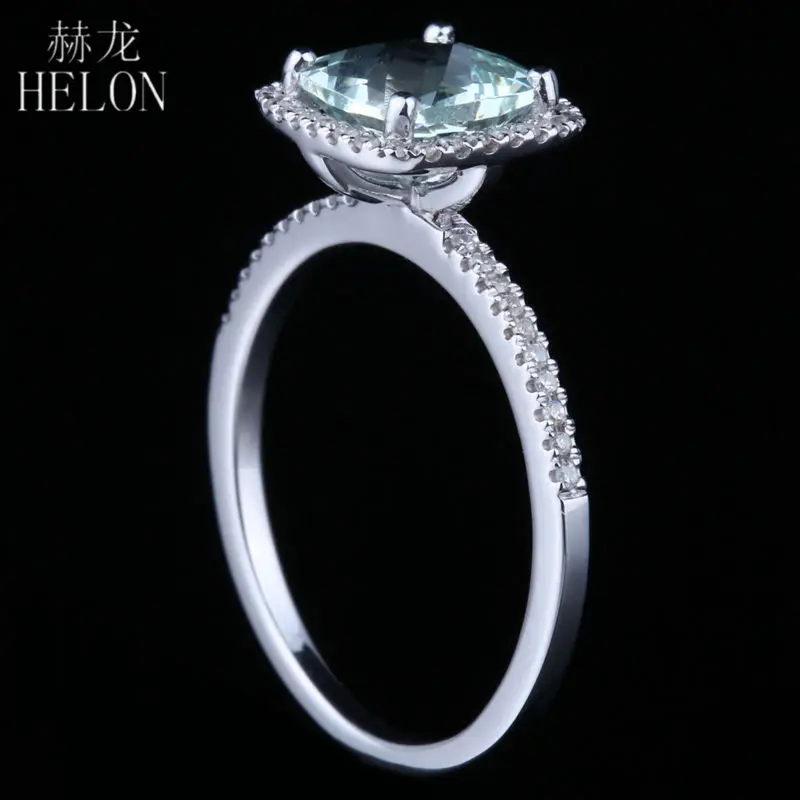 HELON 7x7mm Cushion Cut 1.3ct Genuine Aquamarine 0.18ct Diamond Engagement Wedding Ring Real 14k White Gold Jewelry Women Ring