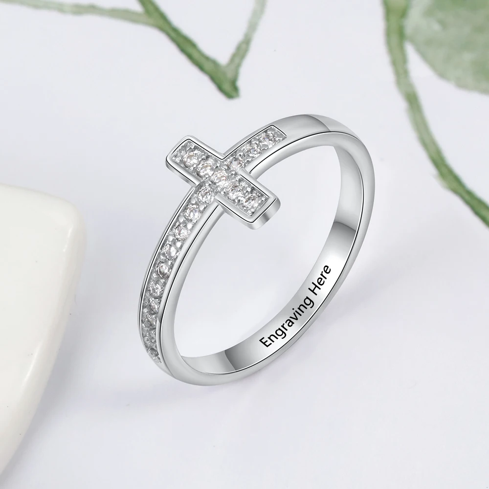 Cá Nhân Hóa Đá Cubic Zirconia Chéo Cho Nữ, Nhẫn Nữ Tùy Chỉnh Bên Trong Khắc Tên Nhẫn Quà Tặng Cho Bé Gái (Jewelora RI103801)