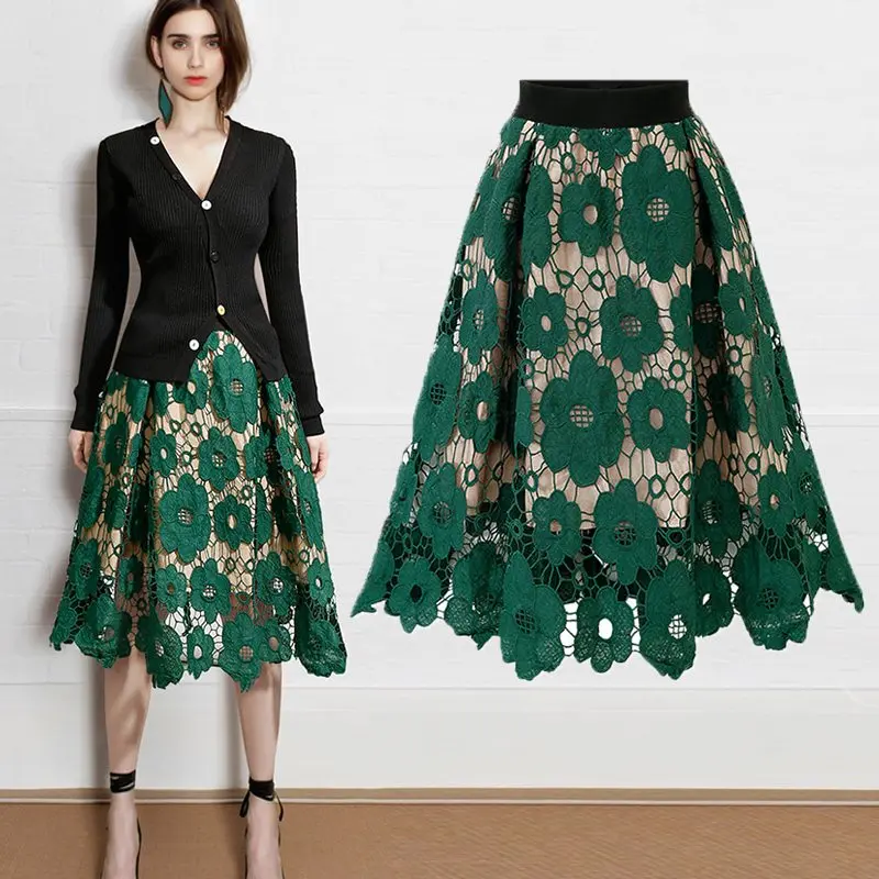 Hot sale Summer Ladies Skirts Women Lace Short Skirt Elastic Waist Ball gown A-line Flower Hollow  Matching Lace Skirt