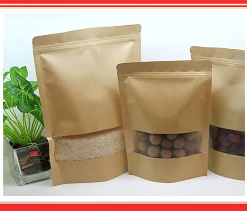 20cm*30cm,100pcs/lot,stand up Zipper/zip lock Kraft paper bag with window PE inside kraft bag for food