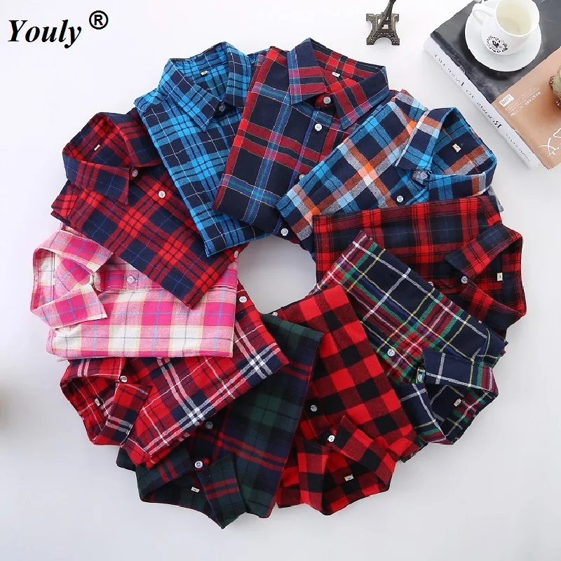 2022 Fashion Plaid Shirt Female College Style Women\'s Blouses Long Sleeve Flannel Shirt Cotton Blusas Office OL Tops