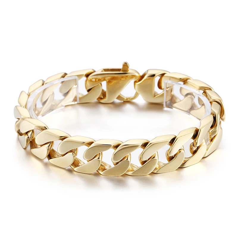 316L Stainless Steel Hip-Hop Smooth Cuban curb LInk Chain Bracelet women Men's Gifts 15MM 9 inch