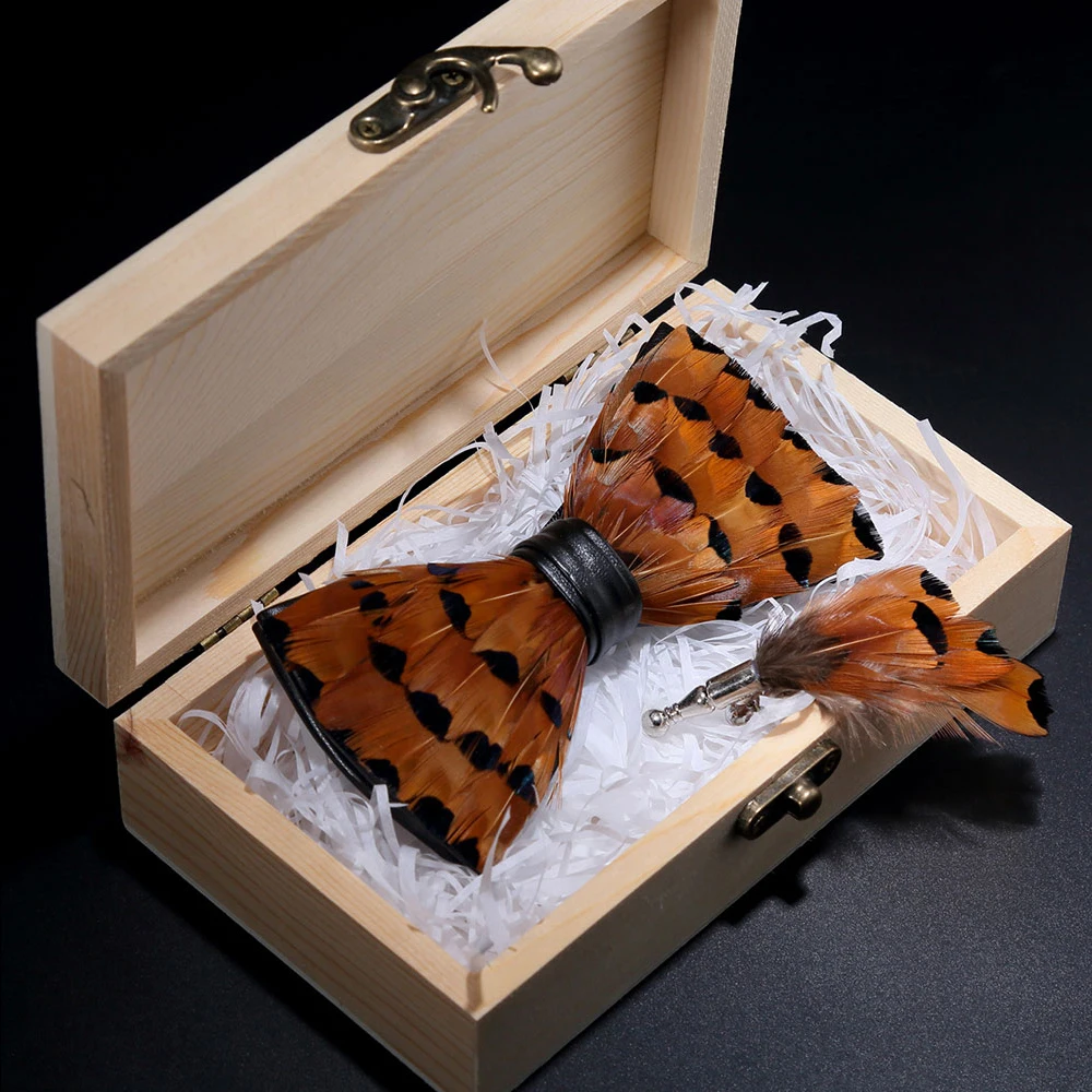 KAMBERFT design handmade feather bow tie brooch wooden box set high quality men\'s bowtie leather tie for wedding party banquet