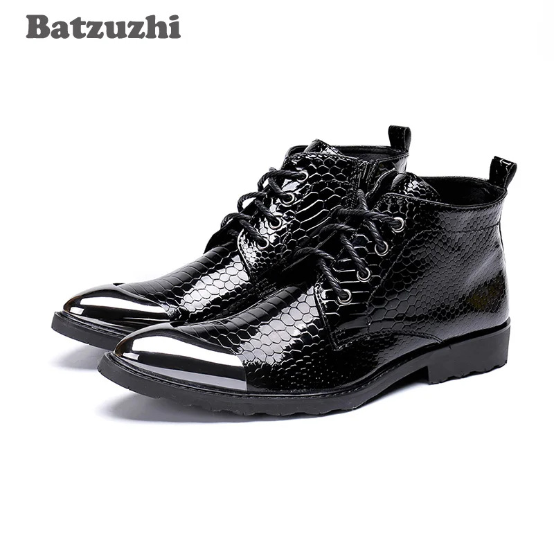 

Batzuzhi Handmade Boots Men Pointed Metal Tip Black Leather Ankle Boots Lace-up Western Fashion Botas Hombre Cool, Big Sizes 46