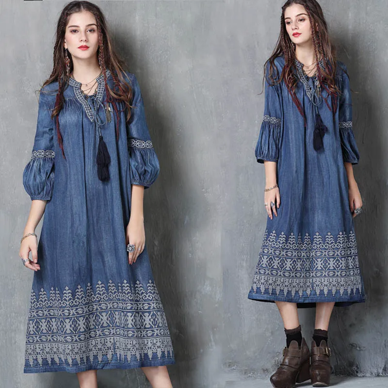 TIYIHAILEY Free Shiping Vintage Long Mid-calf Lantern Sleeve Autumn Denim Cotton V-Neck Embroidery M-XL A-line Women Dress