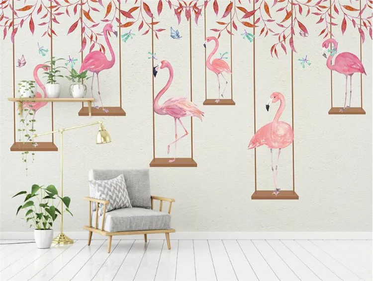 Modern minimalist cartoon pink flamingo personality children room boy girl room background wall photo living room TV wallpaper