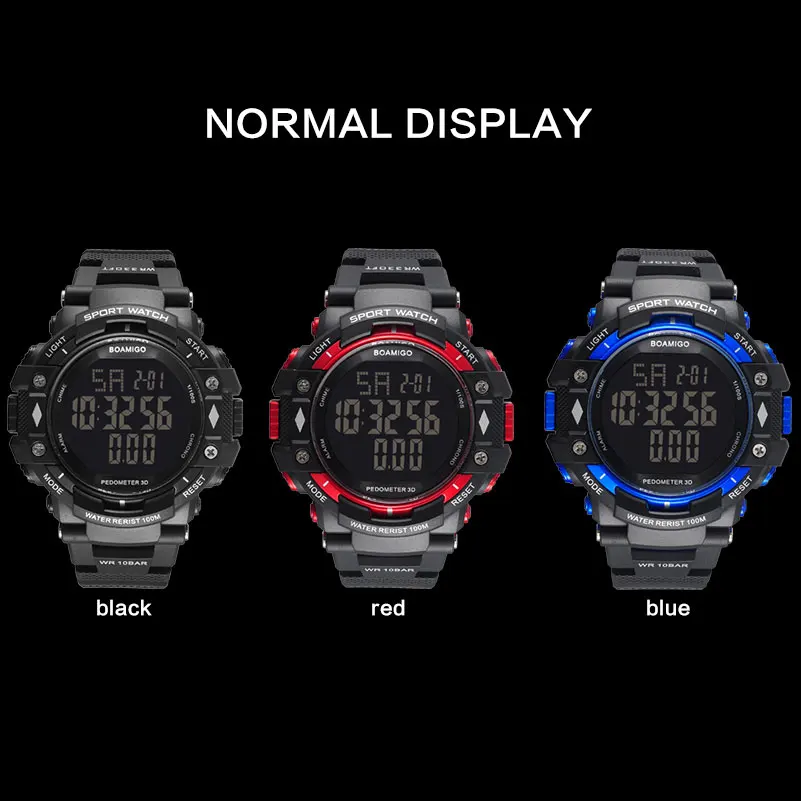 BOAMIGO shock Men Digital Sports Military Watches Led Swim 100m Waterproof pedometer calorie man smart watch Relogios Masculino