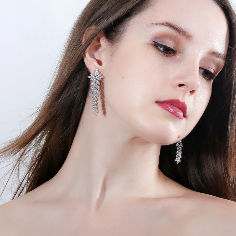 CWWZircons Lange Blatt-Ohrklemme Ohne Ohrloch Zirkonia-Kristallbesatz Damen Hochzeits-Party-Accessoire Großhandel EJ0010 – Detail 2