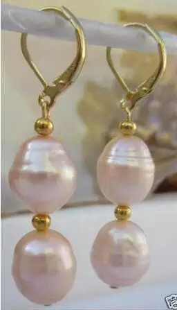 

free shipiing 100% natural Freshwater huge AAA 8.5-10mm pink Baroque Pearl Earrings 14K/20