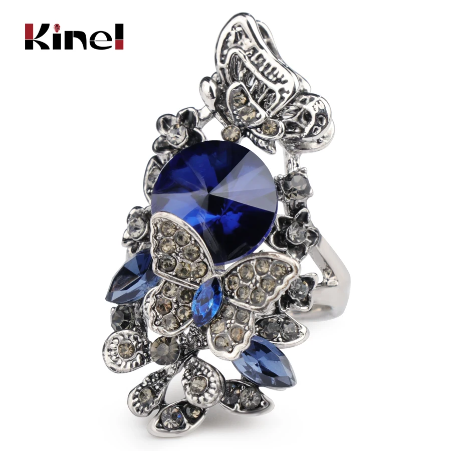 Kinel Vintage Crystal Butterfly Rings For Women Fashion Antique Silver Color Wedding Jewelry Blue Stone Big Ring Party Gift