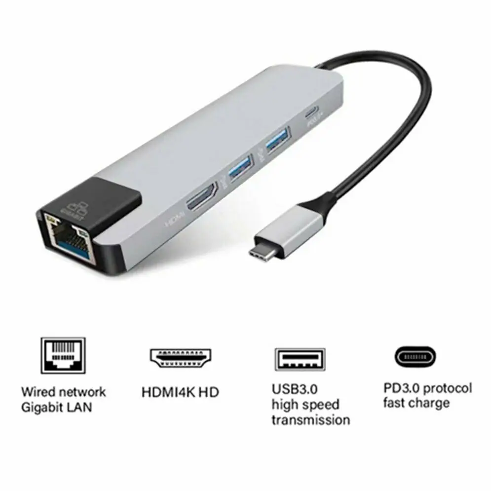 5 in 1 USB Type C Hub HDMI-compatible 4K USB C Hub to Gigabit Ethernet Rj45 Lan Adapter for Mac book Pro Thunderbolt 3 USB-C