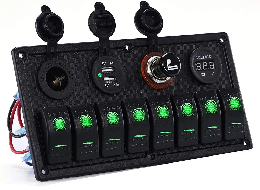 8 gangs Car Marine Waterproof Rocker Switch Panel  Dual USB charger Power Socket Voltmeter Green