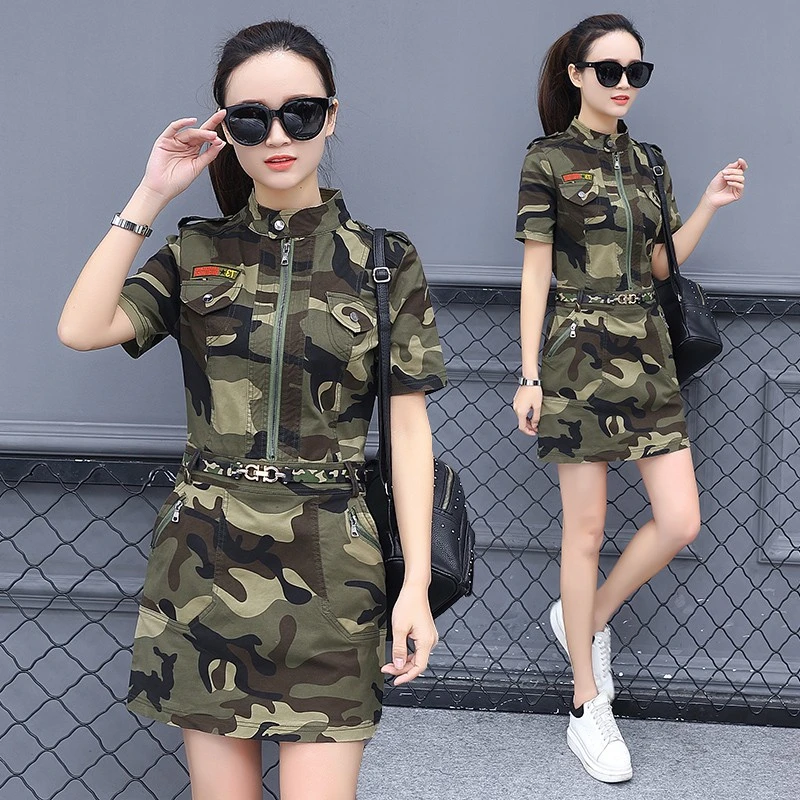 Outdoor Women Tactical Casual One-piece Sport Shirt With Skirt Trekking Camping Dancing Dress Fashion Camouflage Military Romper