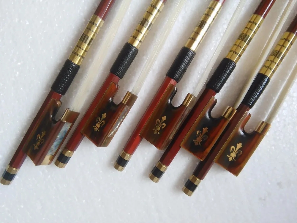 

5 PCs Quality Brazil Wood Violin bow 4/4 Red horn frog with carved flower white hair