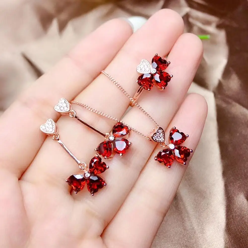 

red garnet gemstone jewelry set including ring earrings necklace real 925 silver ornament hear style natural gem lady neccesary