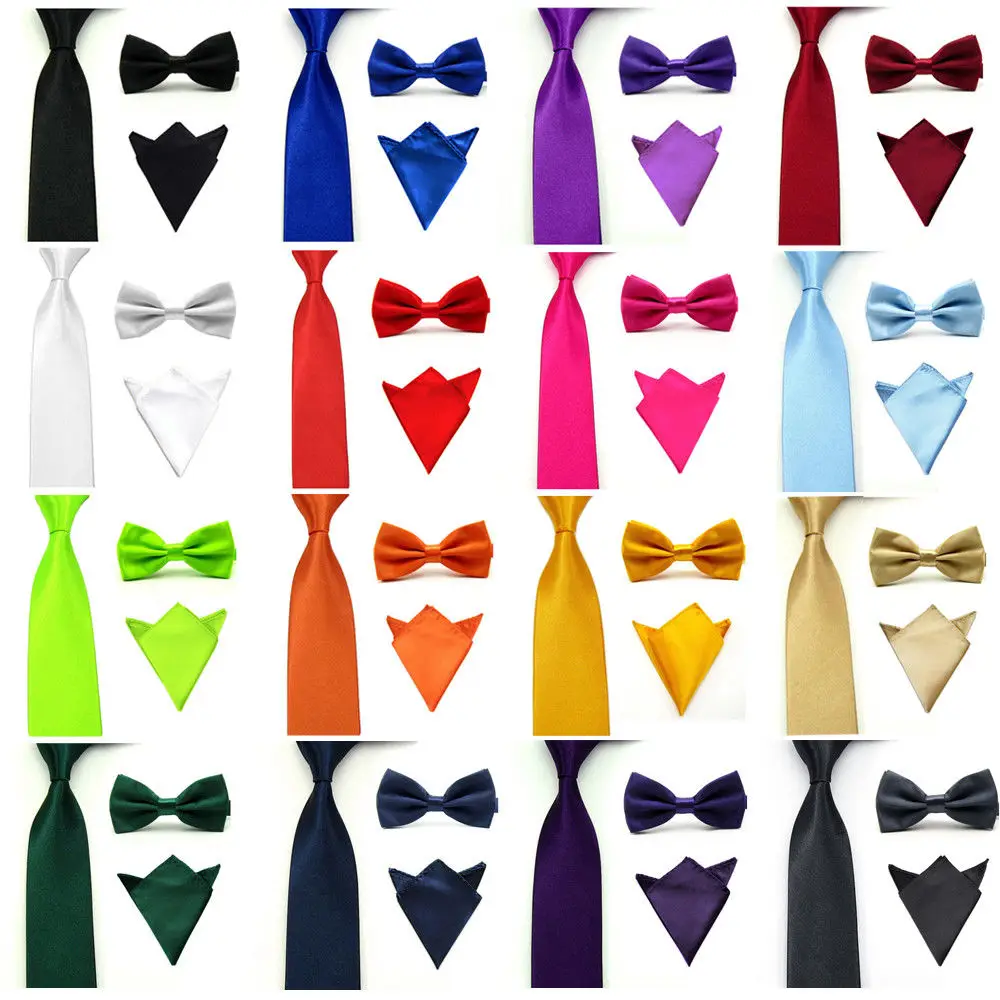 

Men Satin Solid Necktie Bowtie Pocket Square Set Bow Tie Handkerchief Tie Lot BWSET0501