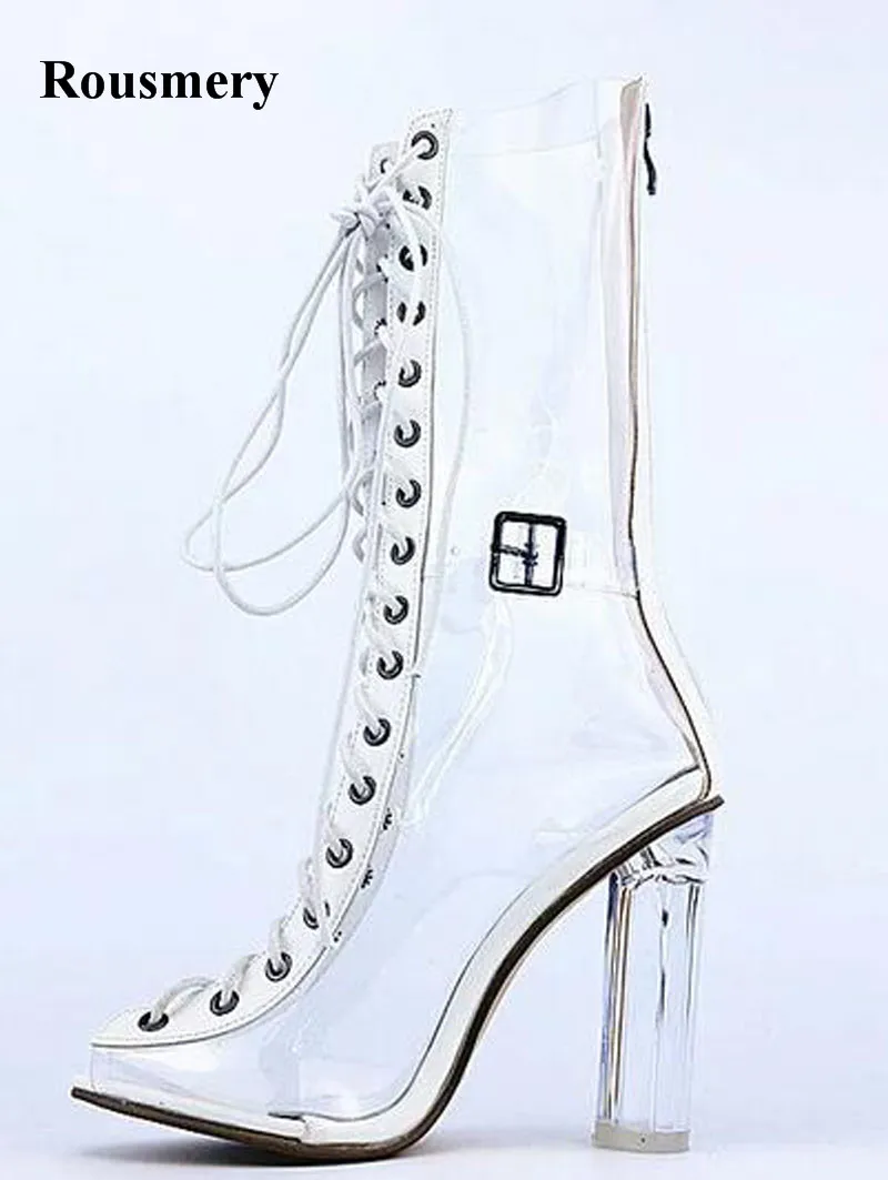 

Newest Women Fashion Open Toe Lace-up Transparent Crystal Thick Heel Boots Ladies Sexy Mid-calf Plastic High Heel Boots