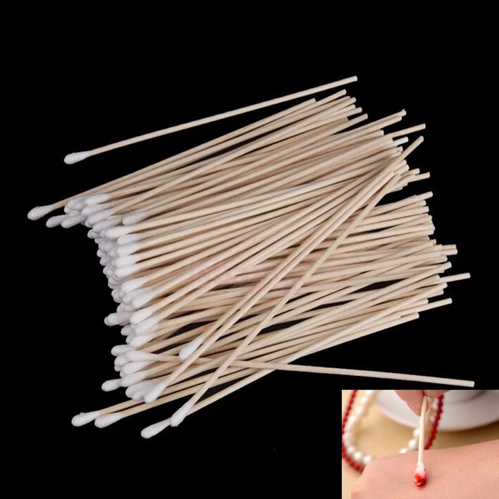 100Pcs Long Wood Handle Cotton Swab Medical Swabs Ear Cleaning Cosmetic Wound Care Cotton Buds Sanitary Round Cotton Tip Swab