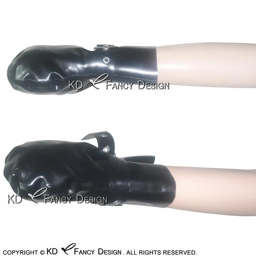 Black Sexy Short Latex Gloves With Belts And Mini Buckles Rubber Mitts Plus Size ST-0002