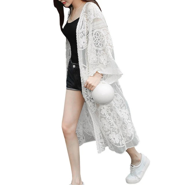 

Hot Beach Blusas Femininas 2019 Summer New Fashion Women Casual Loose Crochet Lace Long Kimono Cardigan Tops Blouses White 1813