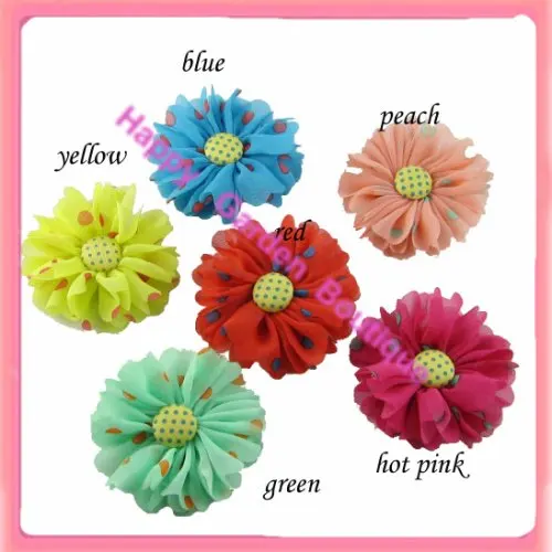 Free shipping New 12pcs/lot chiffon polka dots silk flower with button
