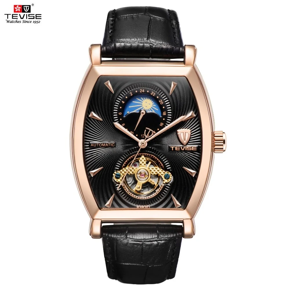 TEVISE Mens Watches Tonneau Moon Phase Automatic Watch Waterproof Self-Wind Mechanical Wristwatches Leather Strap + Box 8383D