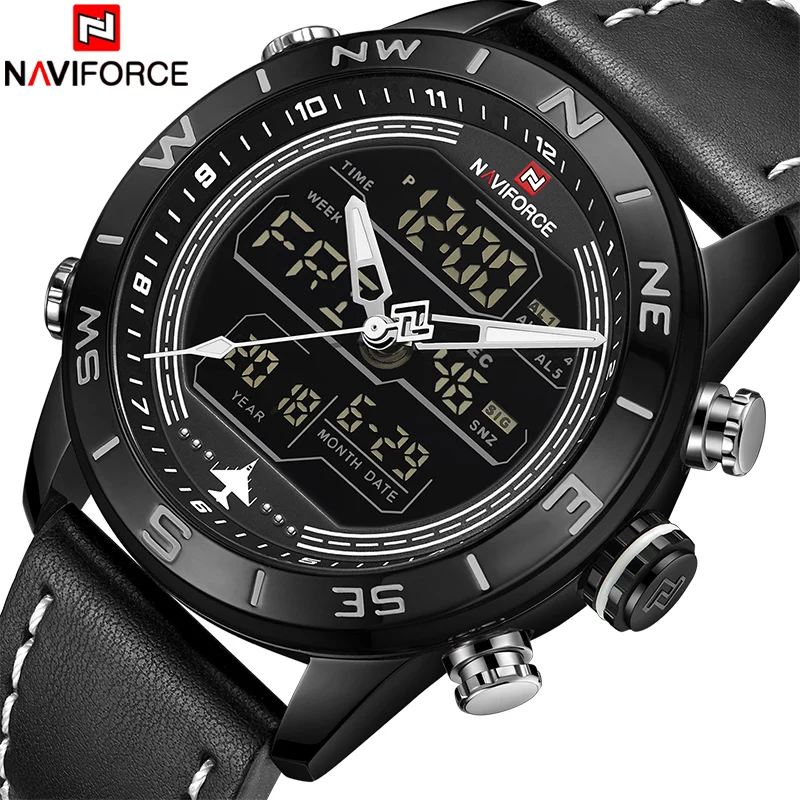 2018 Men Watches NAVIFORCE Top Luxury Brand Leather Quartz Watch Men Fashion Dual Display Sports Digital Clock Relogio Masculino