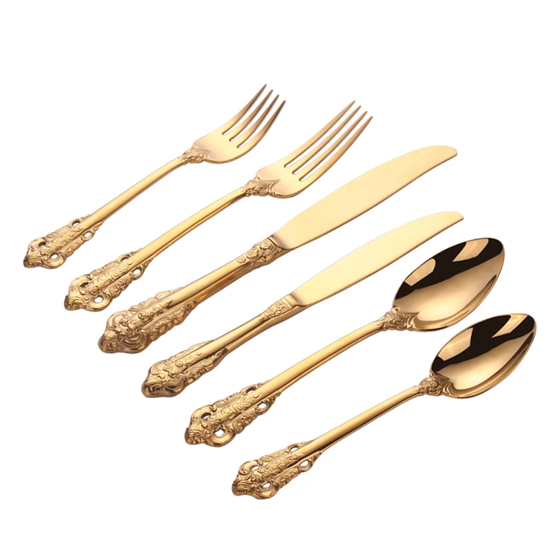 Golden Cutlery Wedding Tableware Gold Dinnerware Retro Vintage Stainless Steel Dinner Knife Coffee spoonDessert Fork Teaspoon