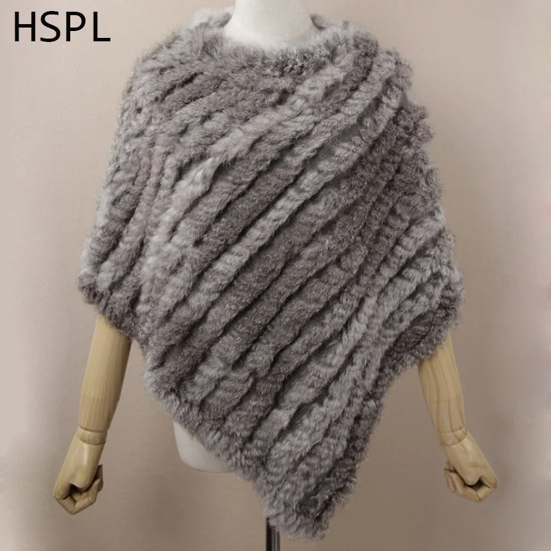 HSPL Fur Poncho 2022 Autumn Real Rabbit Hot Sale Triangle Knitted Women Pullover Lady Pashmina Wrap poncho pele de coelho