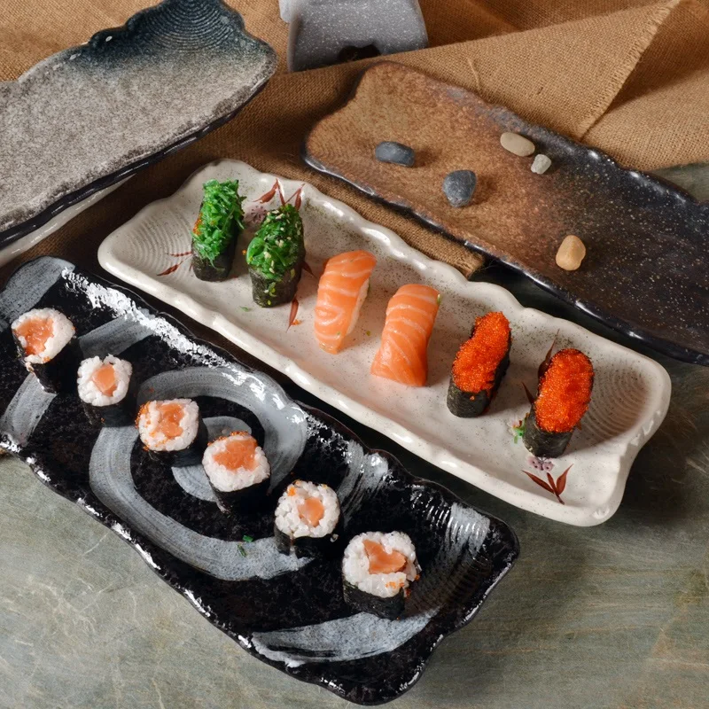 guci Hot fish sushi special offer long disc bread plate ceramic plate roll Japanese rice and vegetable roll strip plate