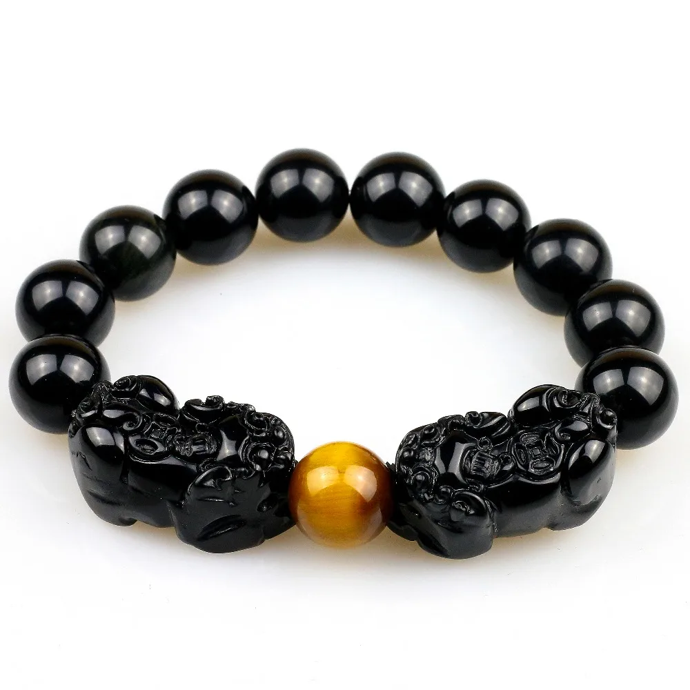 Natural Obsidian with Tiger eye Beads Bracelet Gold Color Charm Bracelet  PIXIU Lucky Brave Jewelry Women Men Energy Jewelry