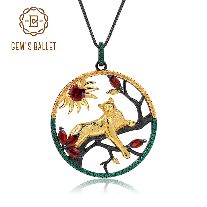 GEM'S BALLET 1.64Ct Natural Red Garnet Handmade Leopard on the Tree Pendant Necklace 925 Sterling Silver Fine  Jewelry For Women