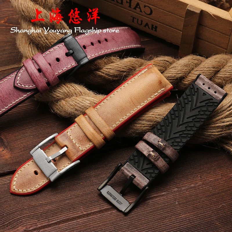 Wax leather leather watch with rubber strap for hippocampus rudder 20mm 22mm 24mm male bracelet