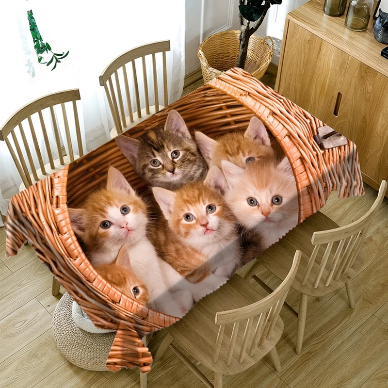 Cute Kittens in the Bamboo Basket Thicken Cotton Tablecloth 3d Dog and Cat Waterproof Cloth Rectangular and Round Table Cloth