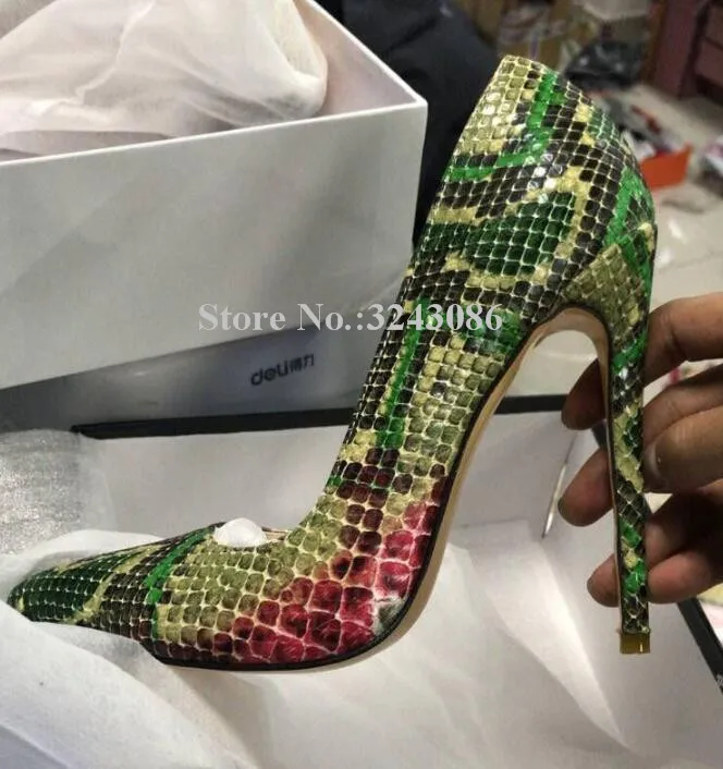 

Pointed Toe Snakeskin Python Basic Thin High Heel Pumps Brown Green Fashion Sexy Party Banquet Shoes Fashion Single Shoes