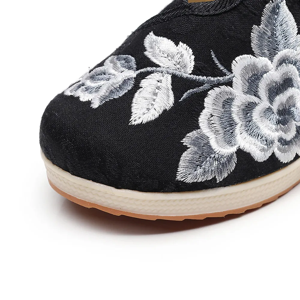 Veowalk Vintage Flowers Embroidered Women\'s Canvas Mules Slippers Wedge High Heel Ladies Comfort Embroidery Shoes Platforms