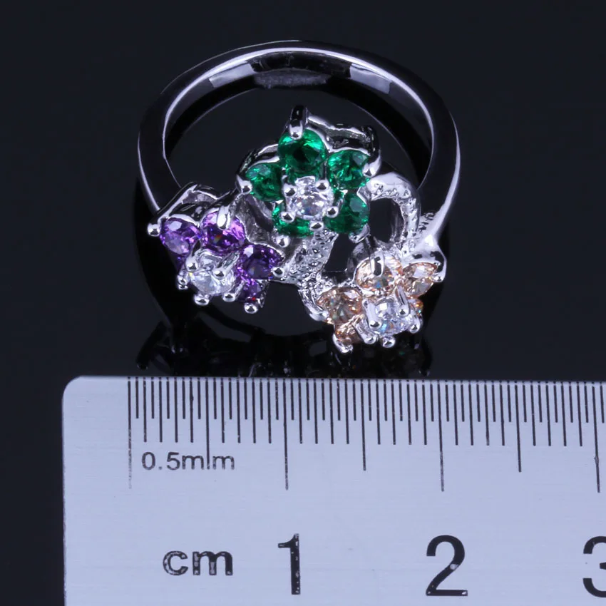 Pleasant Flower Purple Green Brown Cubic Zirconia White CZ Silver Plated Ring V0596