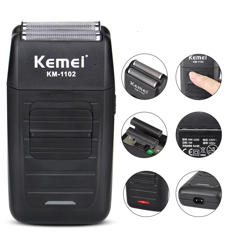 Kemei KM-1102 Rechargeable Cordless Shaver for Men Twin Blade Reciprocating Beard Razor Face Care