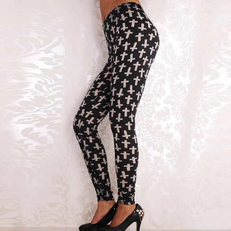 Women Leggings 2019 New Fashion High Waist Cross Prints Trousers Soft Female Casual Sexy Elastic Goth Pant