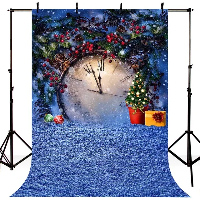 Blue Winter Christmas Background Photography Printed Pine Tree Branches Balls Present Snowflakes Big Clock Xmas Photo Backdrop