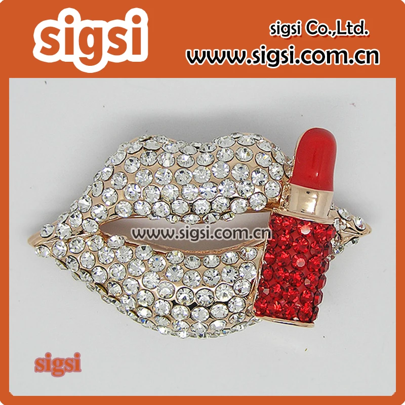 

100pcs High quality clear gold plated Rhinestone lipstick Brooch pin for Valentine's Day