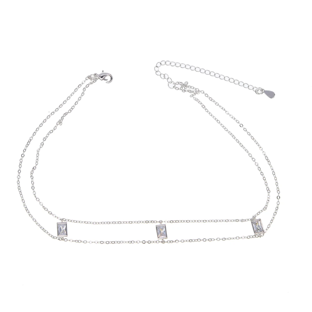 2021 new arrive AAA clear rectangle cubic zirconia short chain 33+7cm choker chocker cz double chain necklace
