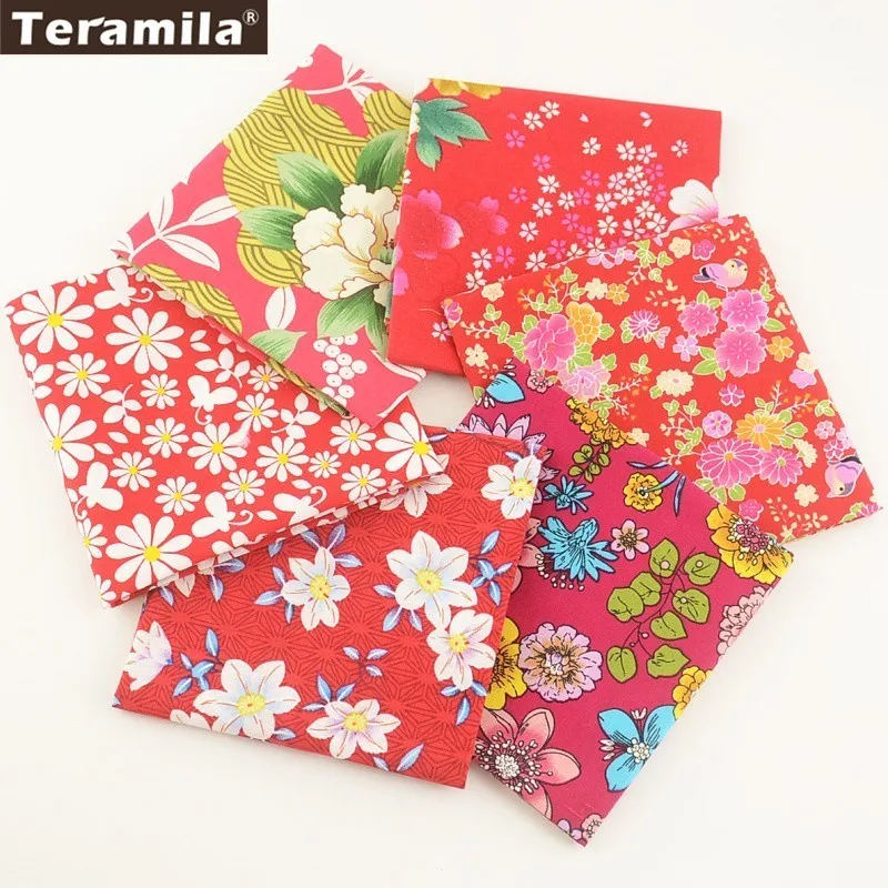 Teramila Cotton Poplin Fabrics 6PCS/Lot Mix Sewing Chinese Red Flower Pre-cut Cloth Fat Quarter Meter Bundle Dress Quilting