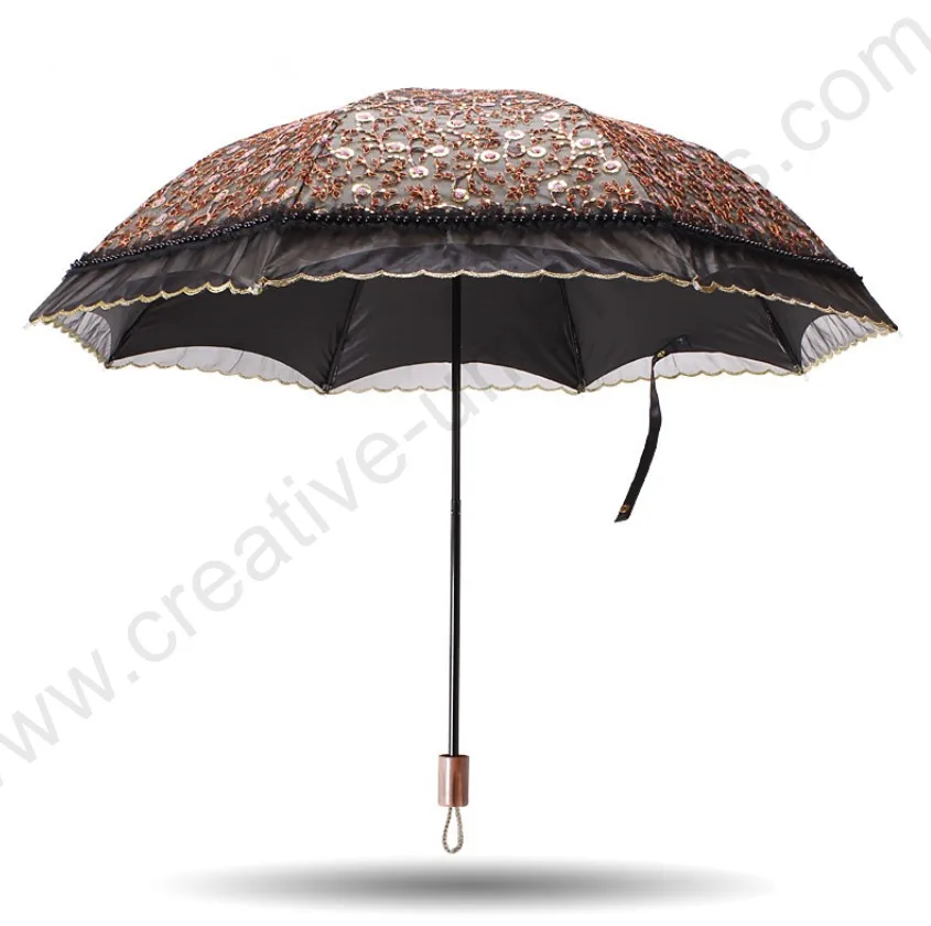 Two fold full rose embroidery drag umbrellas 5 times black coating UPF>50+ anti-UV ladies' princess flower lacing yarn parasol