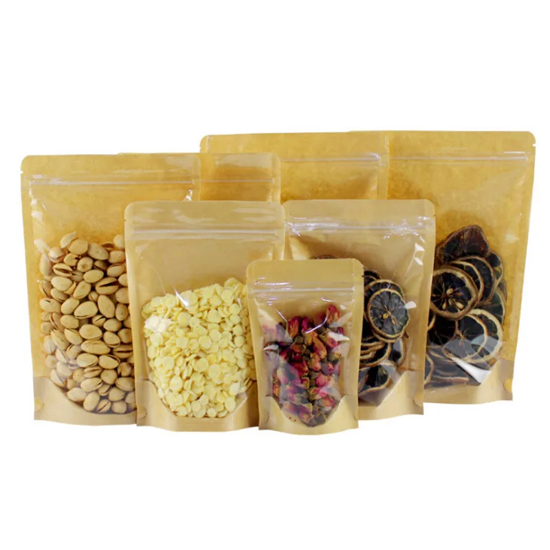 Stand up One Side Clear Kraft Paper Zip Lock Bags High Clear Plastic Window Resealable Snack Capsule Coffee Spices Gifts Pouches