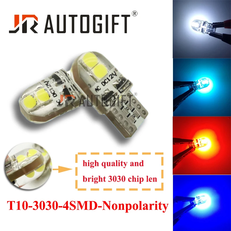 100PCS W5W Car Led Bulbs 194 147 T10 Non Polar Silicone Shell 4 3030 SMD License Plate Lights Map Trunk Lamp White Red Ice Blue