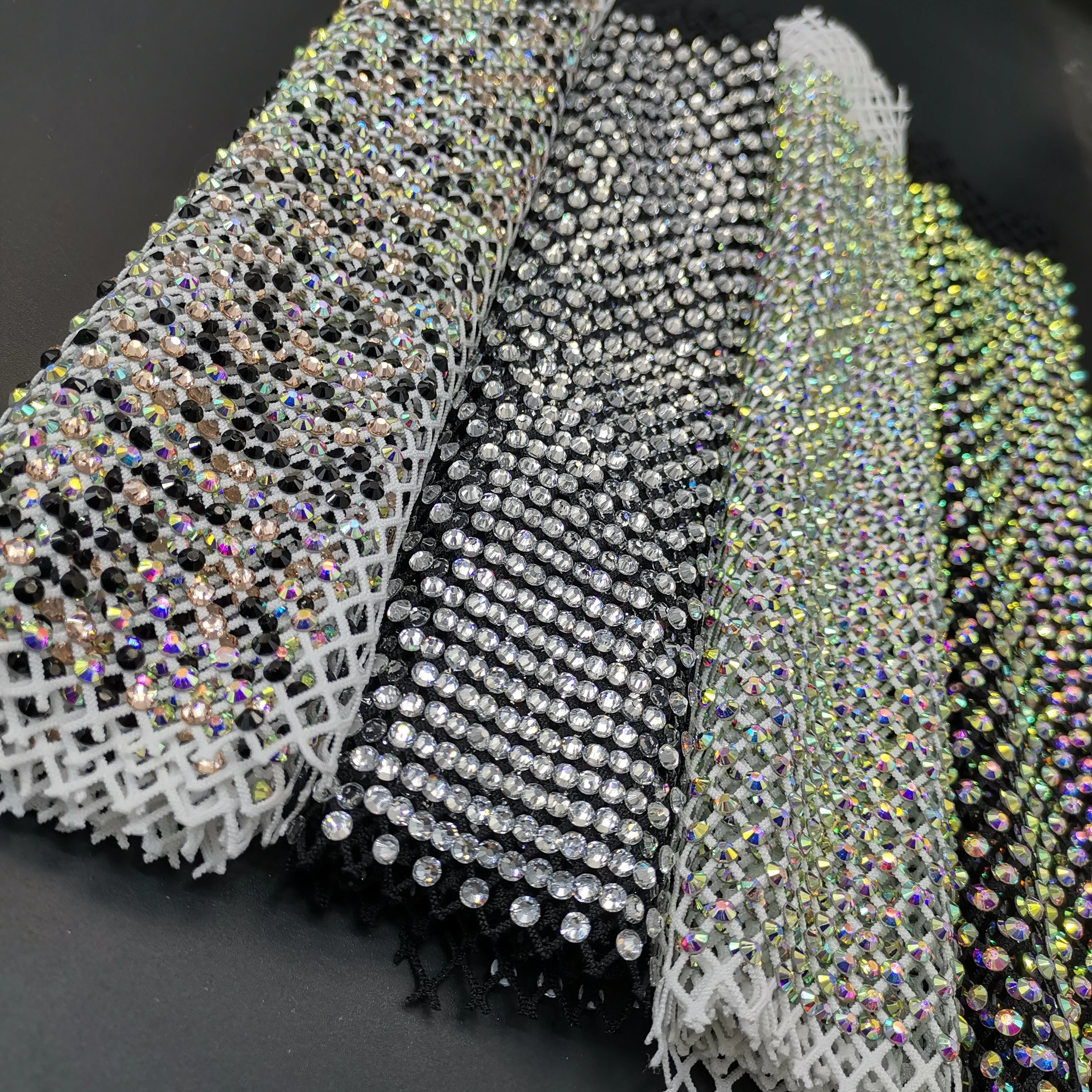 23*40cm Glitter White AB Glass Rhinestone Trim Fabric Crystal Ribbon Elastic Hollow Diamond Mesh Strass Applique Crafts