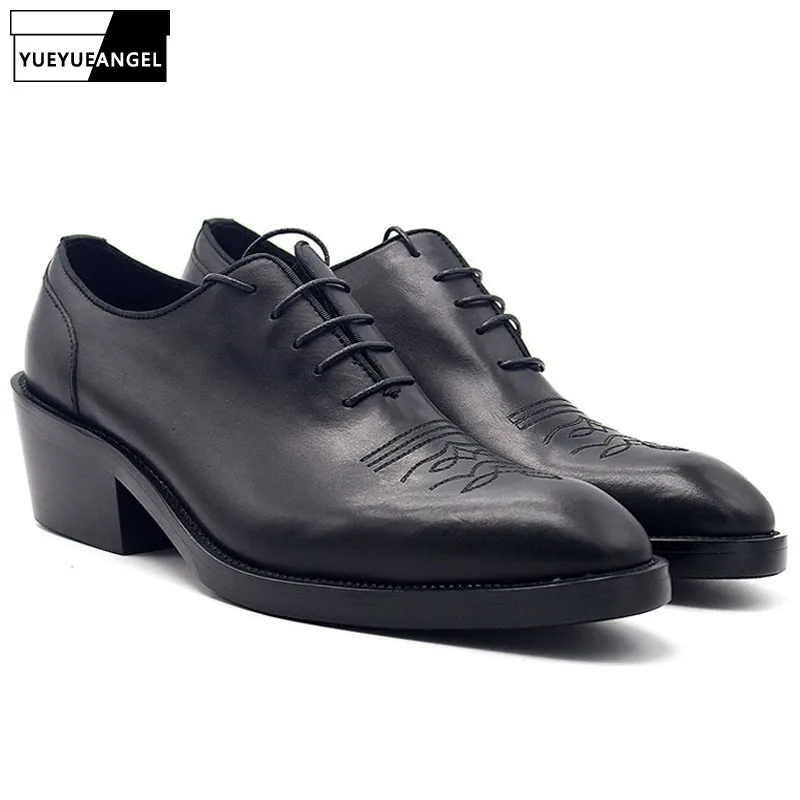 New Men High Heels Dress Shoes Fashion Increase Height 6cm Pointed Toe Oxford Shoes Luxury Black Genuine Leather Derby