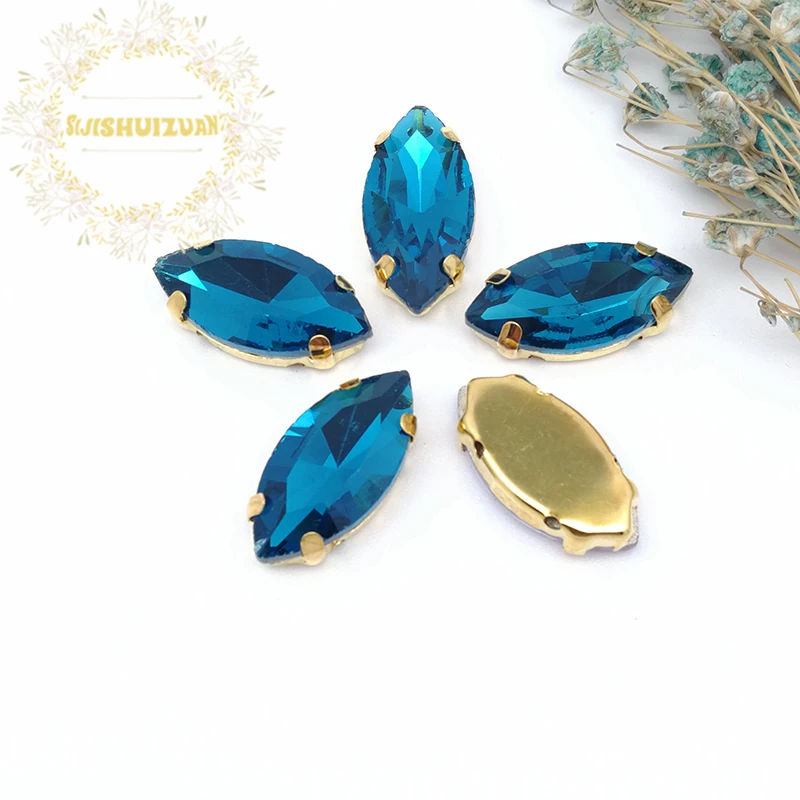 20Pcs/Bag Classic Style Peacock Blue Horse Eye Shape Glass Crystal Sew On Rhinestones With Gold Claw Diy Shose Accessories