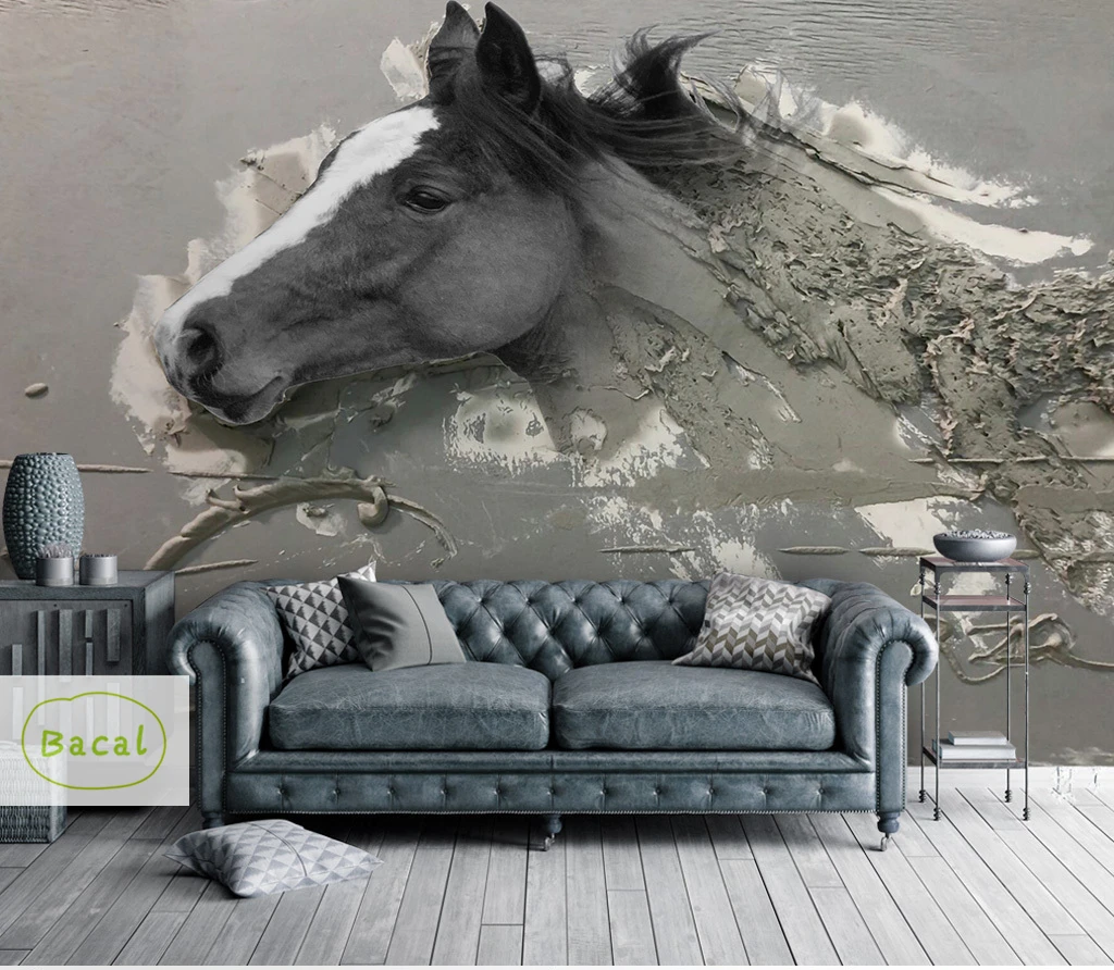 

Bacal Custom 3D Photo Wallpaper Mural Papel De Parede Stereo Relief White Horse Abstract Oil Painting Wall Paper For Living Room